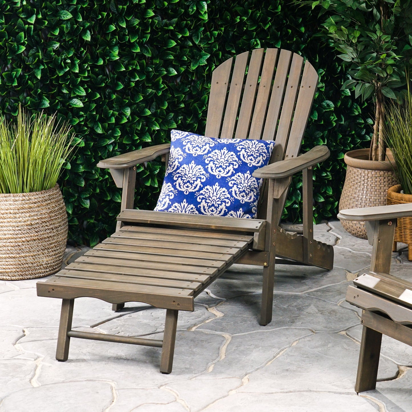 Malibu Adirondack Chair in brown wood with blue damask cushion, outdoor furniture on Tampa Home & Garden Store