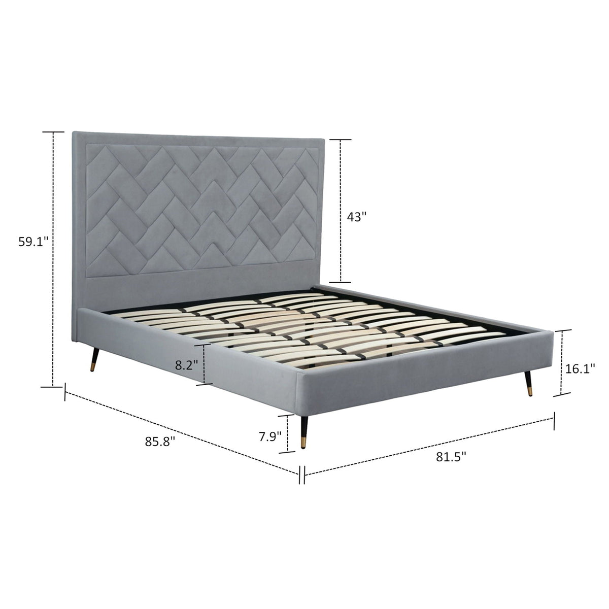 Crosby bed with upholstered headboard and slats in gray fabric by HouseOfZazla on Tampa Home & Garden Store