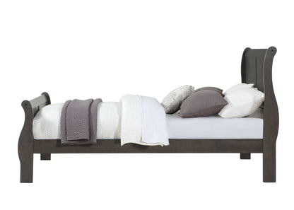 Louis Philippe Sleigh Bedroom Set in dark wood with gray and white bedding on Tampa Home & Garden Store