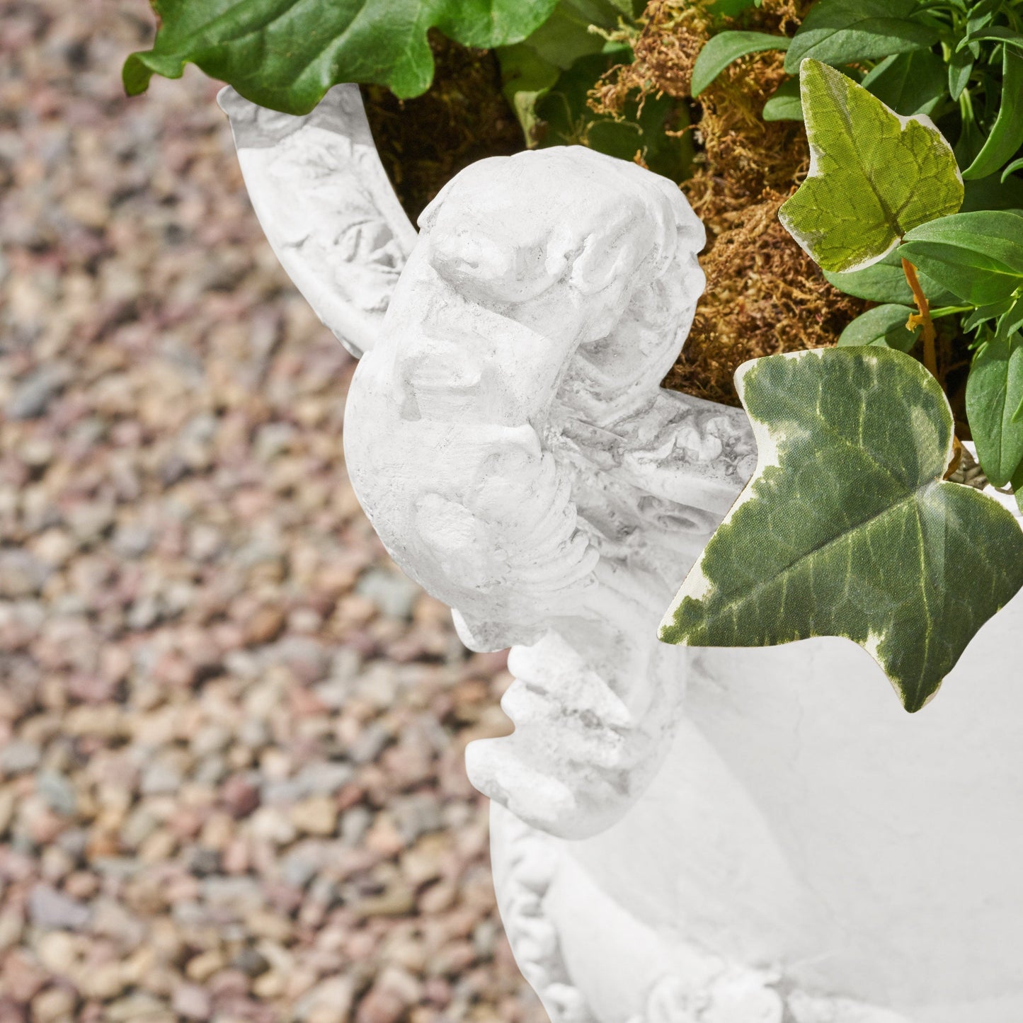 Roman Style MGO Garden Urn Planter with white stone finish and green ivy on Tampa Home & Garden Store