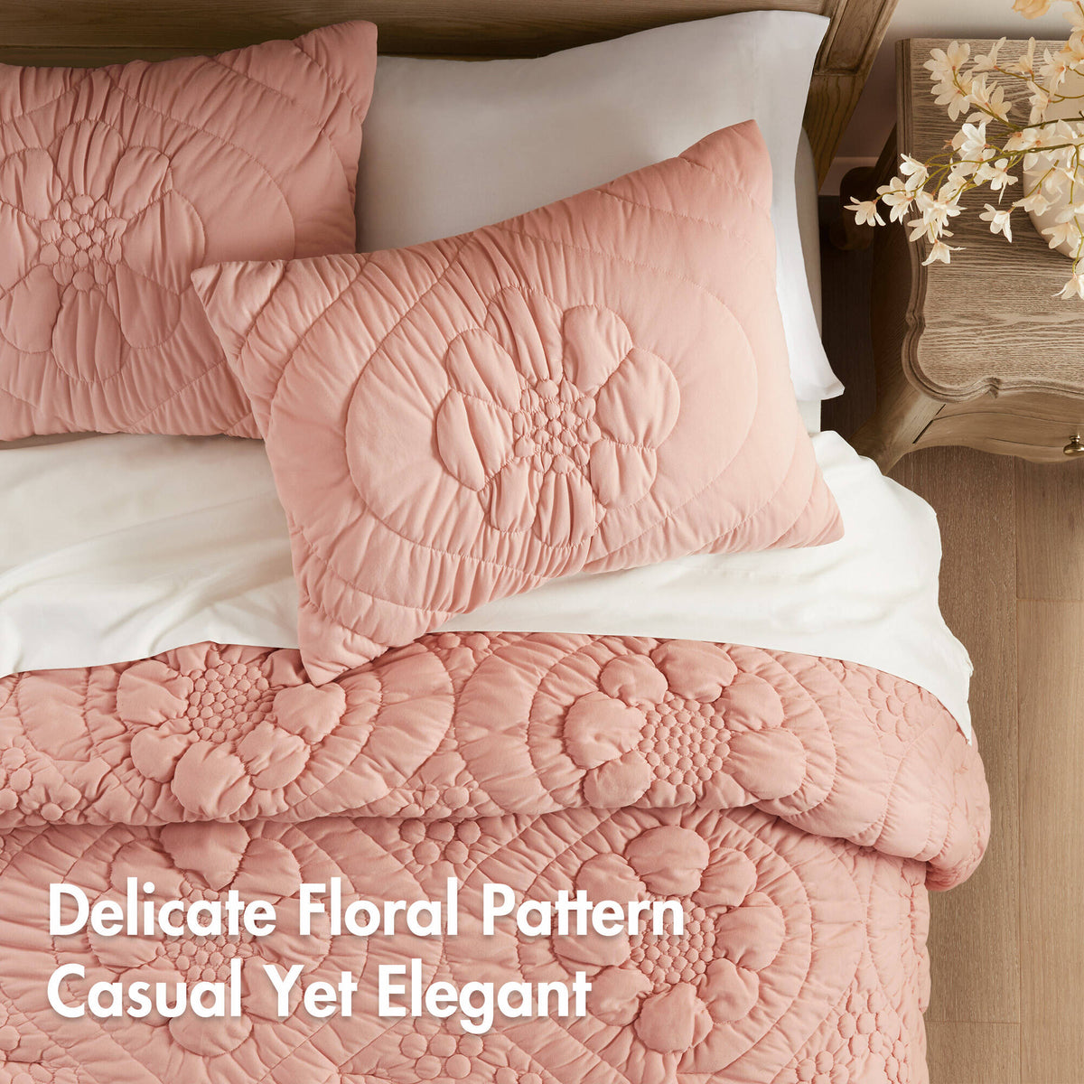 3-Piece Full/Queen Comforter Set HouseOfZazla pink quilted with matching shams on bed on Tampa Home & Garden Store