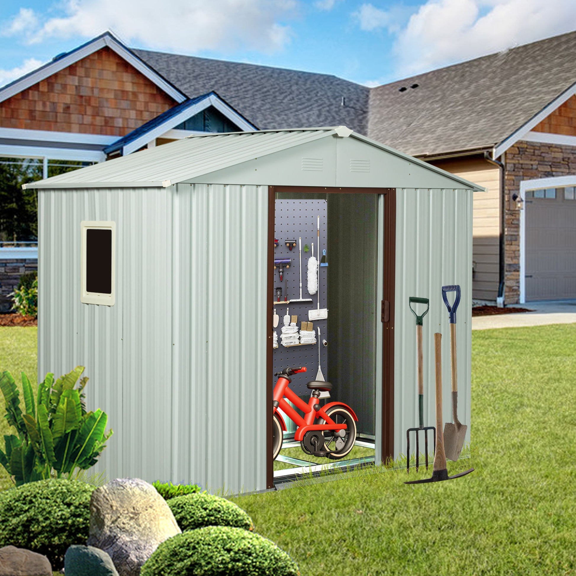 Outdoor metal storage shed with window, light gray, 88.98in, by HouseOfZazla on Tampa Home & Garden Store