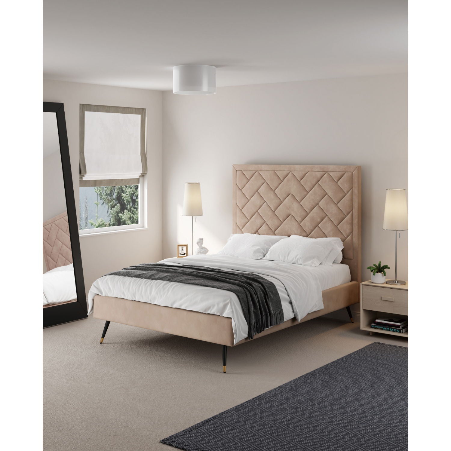 Crosby bed with beige upholstered headboard and slatted base in a neutral bedroom on Tampa Home & Garden Store
