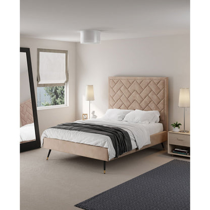 Crosby bed with beige upholstered headboard and slatted base in a neutral bedroom on Tampa Home & Garden Store