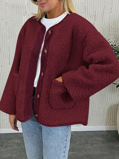 Stevvex ST68SJ805TNR Sherpa jacket burgundy with front button closure and cozy pockets on Tampa Home & Garden Store