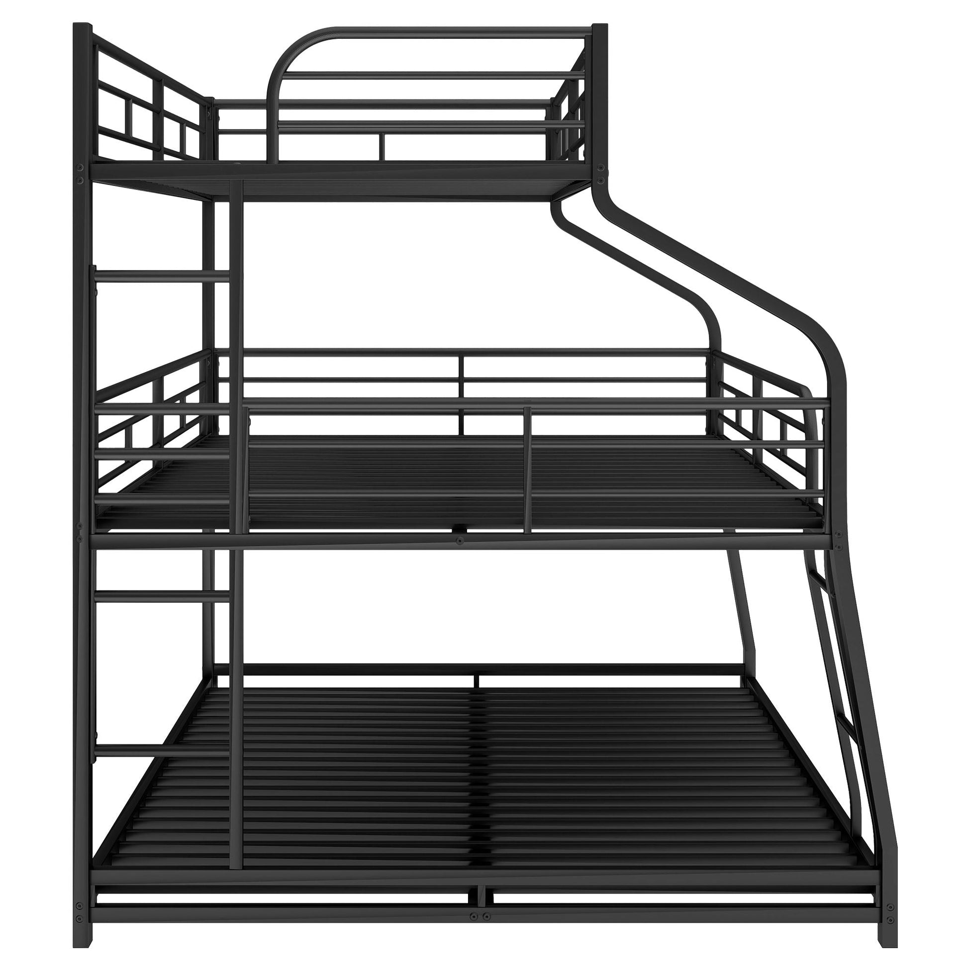 Black metal triple bunk bed by HouseOfZazla with long and short ladders and full guardrails on Tampa Home & Garden Store
