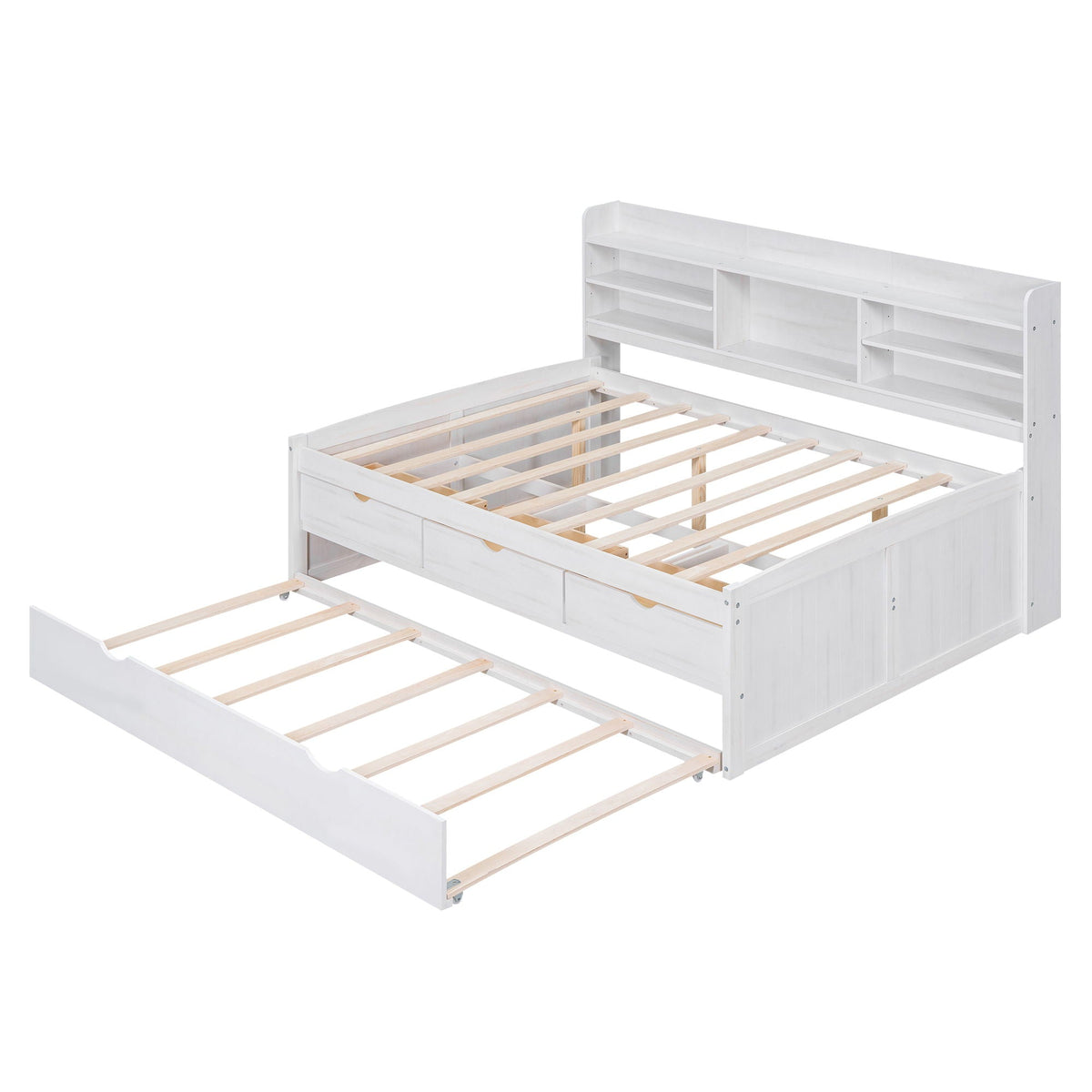Captain bed with built-in bookshelves headboard, 3 storage drawers, and trundle in white on Tampa Home & Garden Store