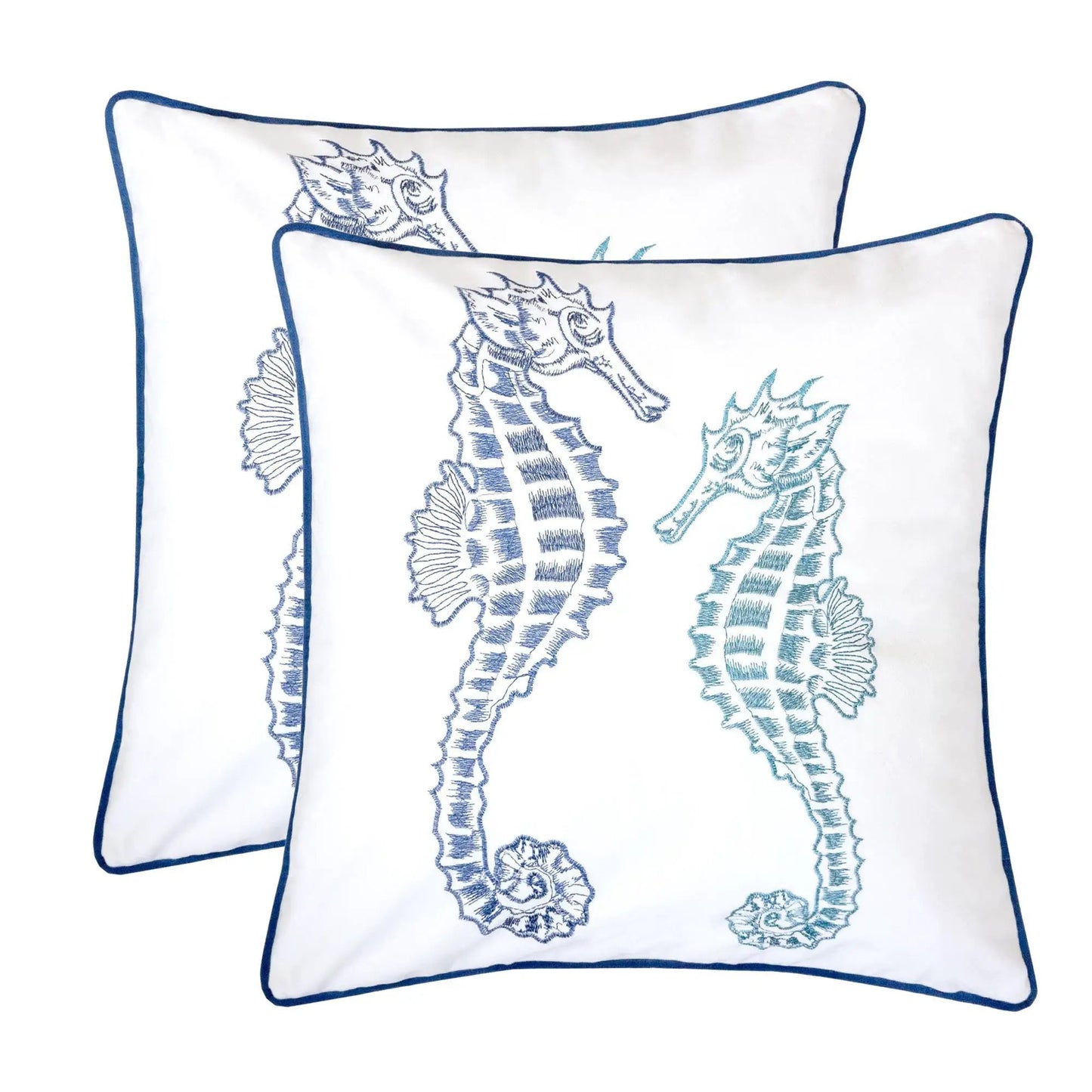 Two Seahorses pillow covers with matching back; fabric, blue piping and seahorse design on Tampa Home & Garden Store