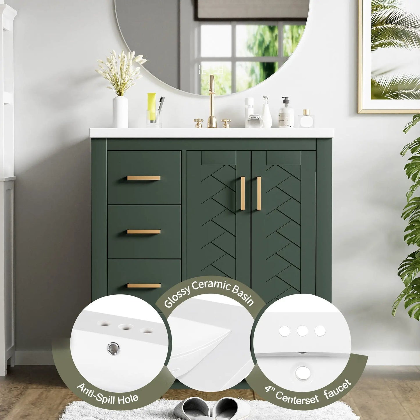 Ceramic sink vanity set in dark green with 3 drawers and brass hardware on Tampa Home & Garden Store