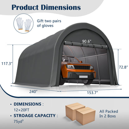 HouseOfZazla Heavy-Duty 12x20 ft carport canopy, grey steel frame sheltering a vehicle on Tampa Home & Garden Store