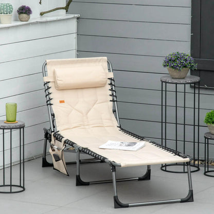 Outsunny padded folding chaise lounge chair with headrest in beige, 6-level recline outdoor on Tampa Home & Garden Store