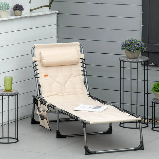Outsunny padded folding chaise lounge chair with headrest in beige, 6-level recline outdoor on Tampa Home & Garden Store