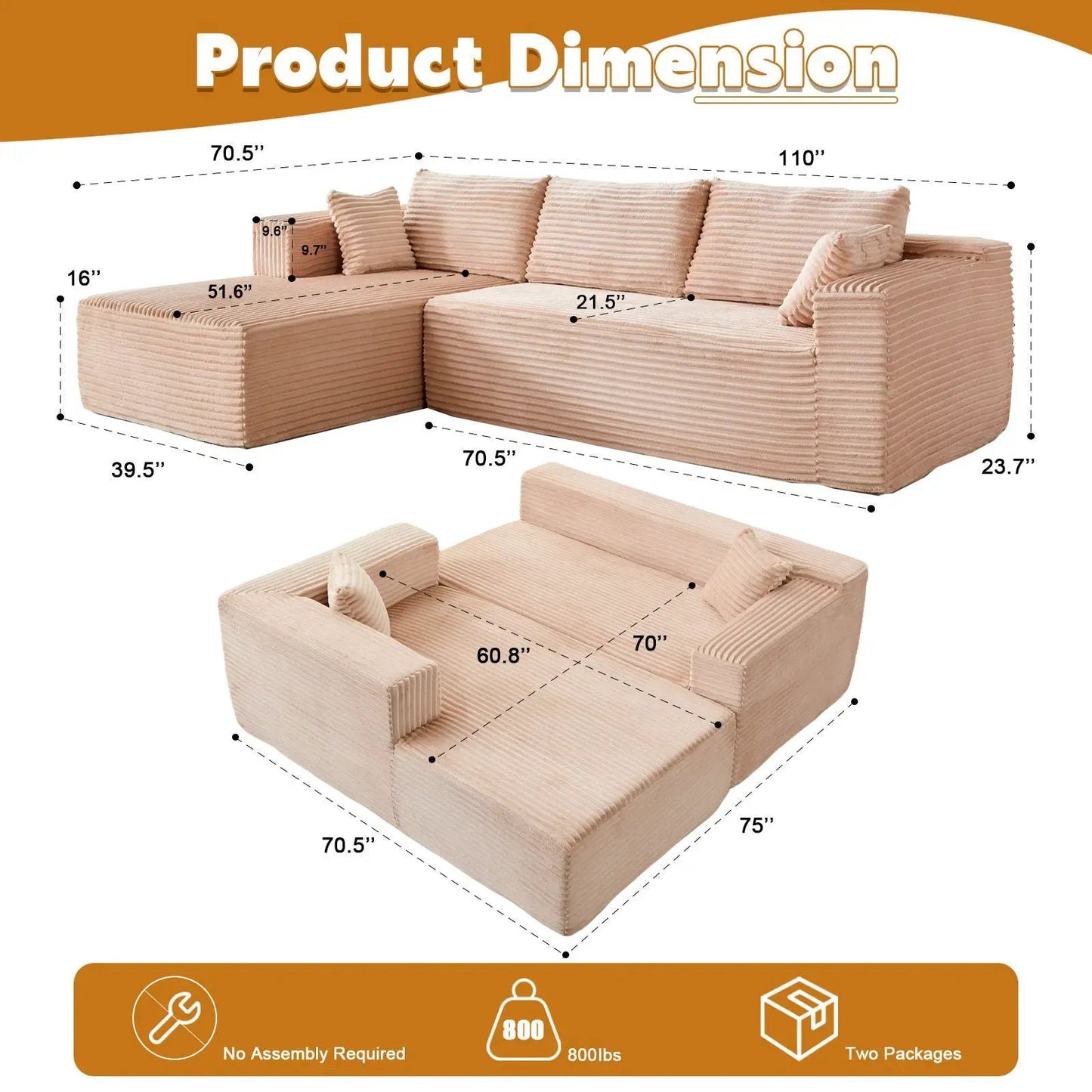 Compression Sectional Sofa with Chaise, beige ribbed fabric, L-shaped stationary by Unique Piece on Tampa Home & Garden Store