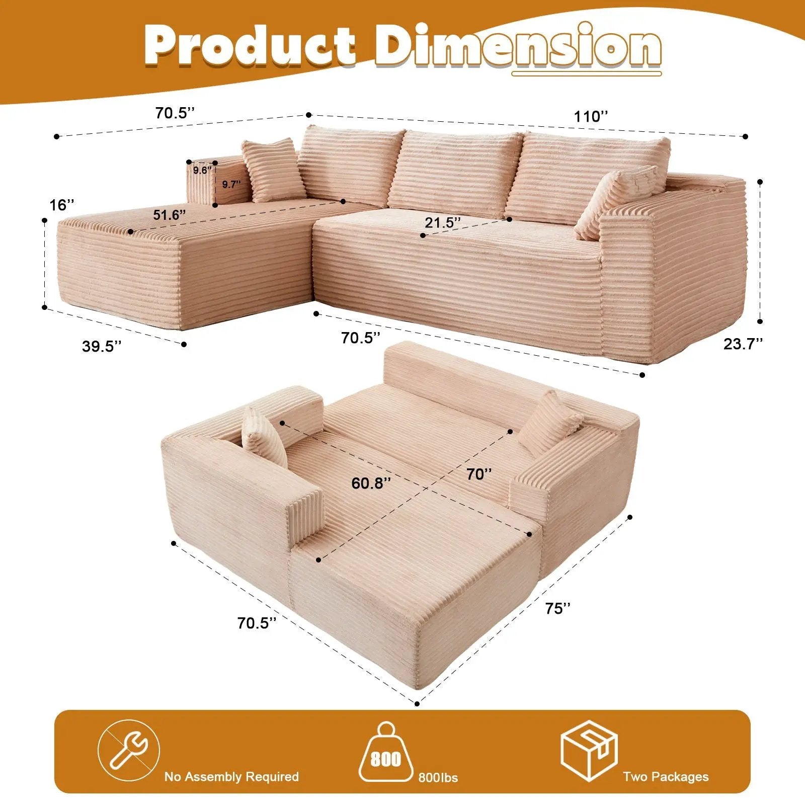Compression Sectional Sofa with Chaise, beige ribbed fabric, L-shaped stationary by Unique Piece on Tampa Home & Garden Store