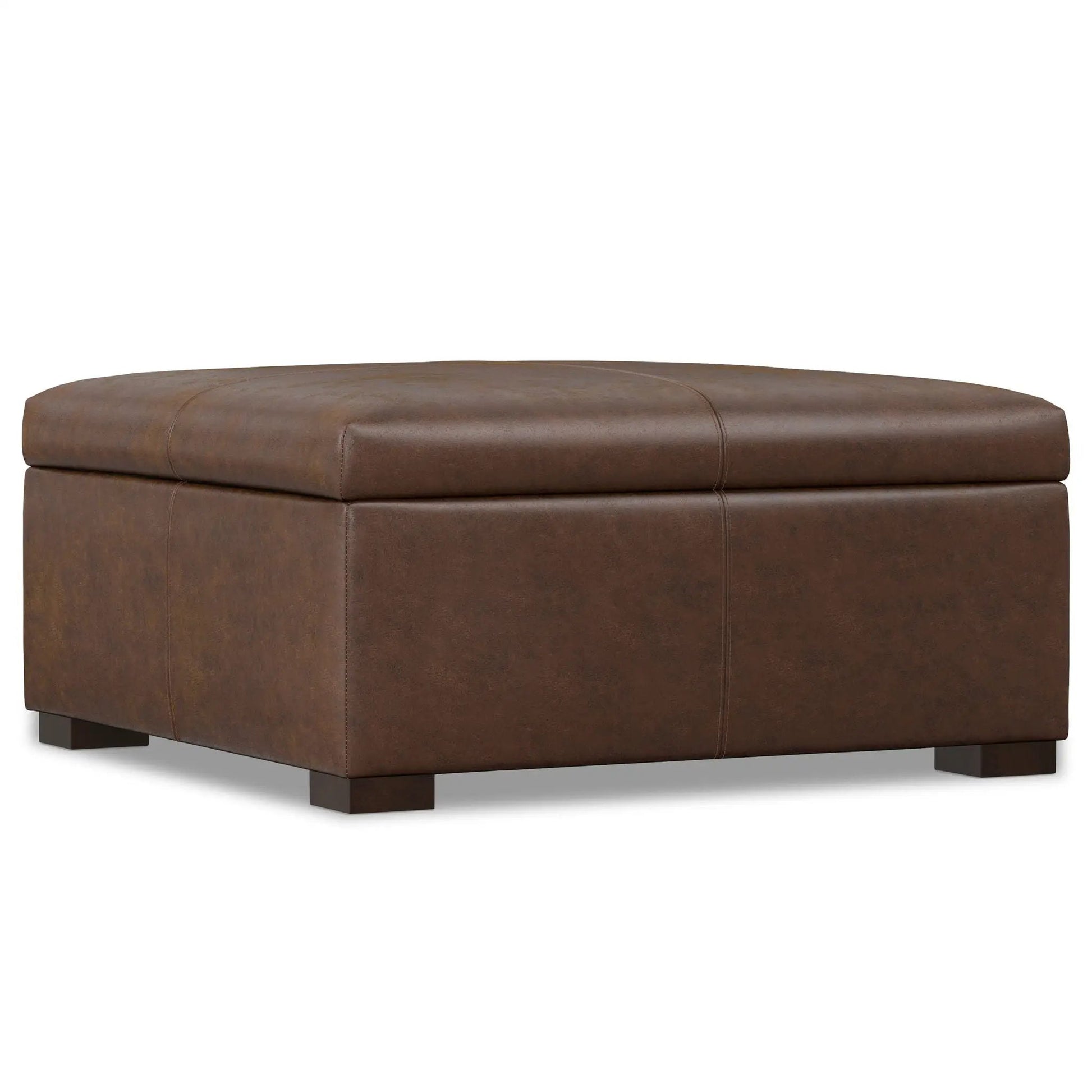 Gabbie upholstered storage ottoman in brown leather with stitched panels and square legs on Tampa Home & Garden Store