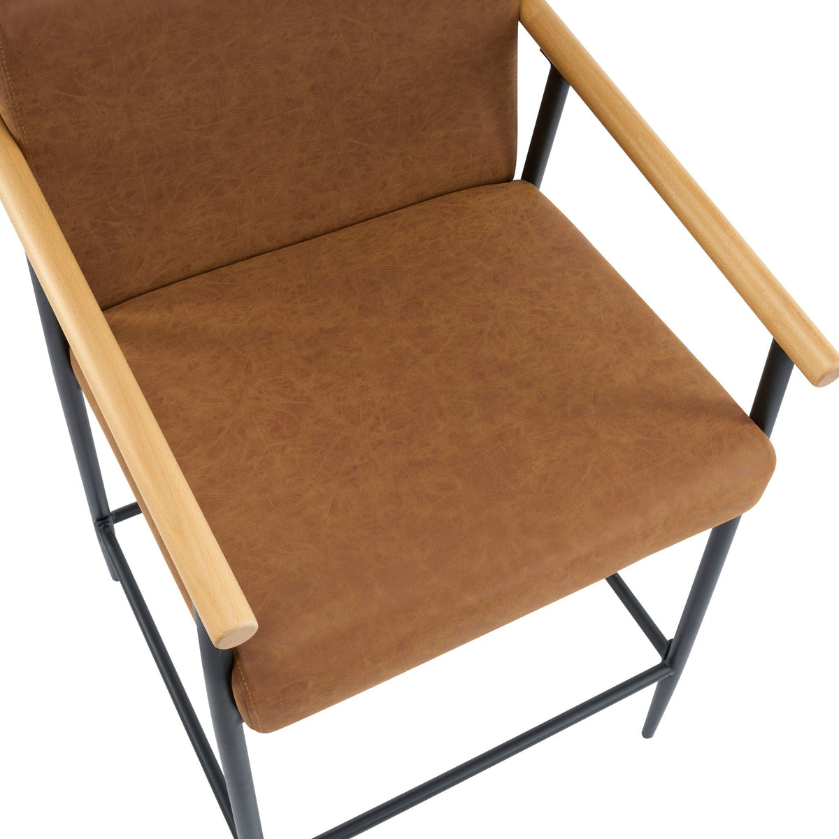 Mid Century Modern Counter Stool with iron frame and tan faux leather seat on Tampa Home & Garden Store
