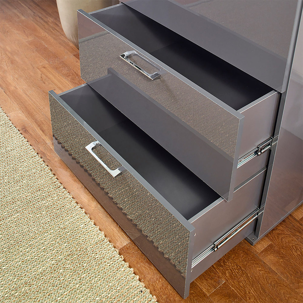 Glossy 4-drawer accent chest in dark gray with chrome handles, deep storage on Tampa Home & Garden Store