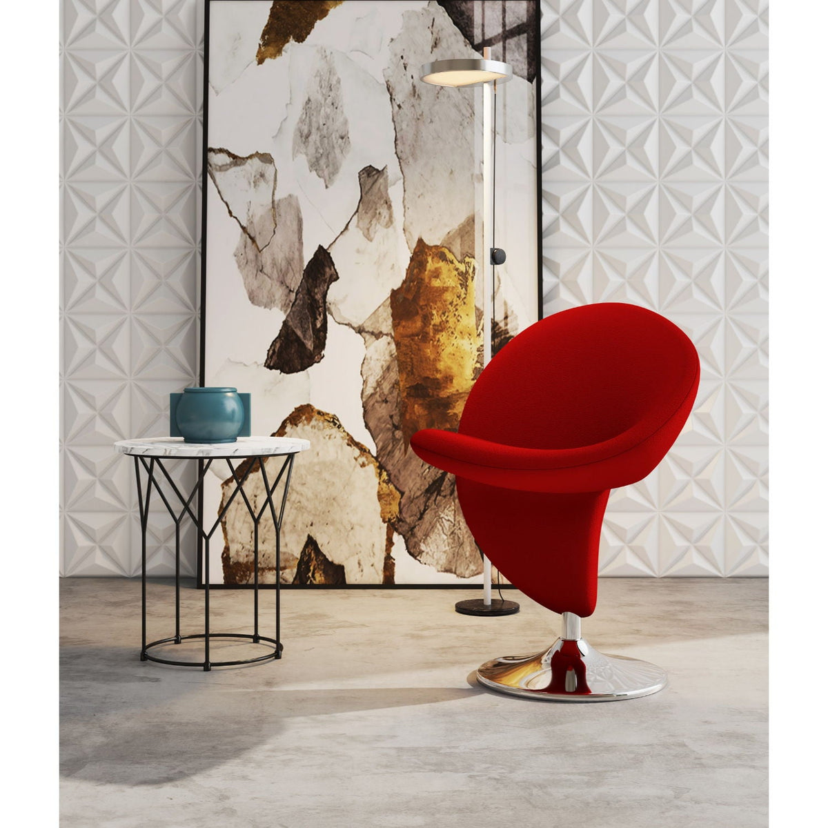 Swivel lounge chair red wool-blend upholstery with chrome pedestal base on Tampa Home & Garden Store