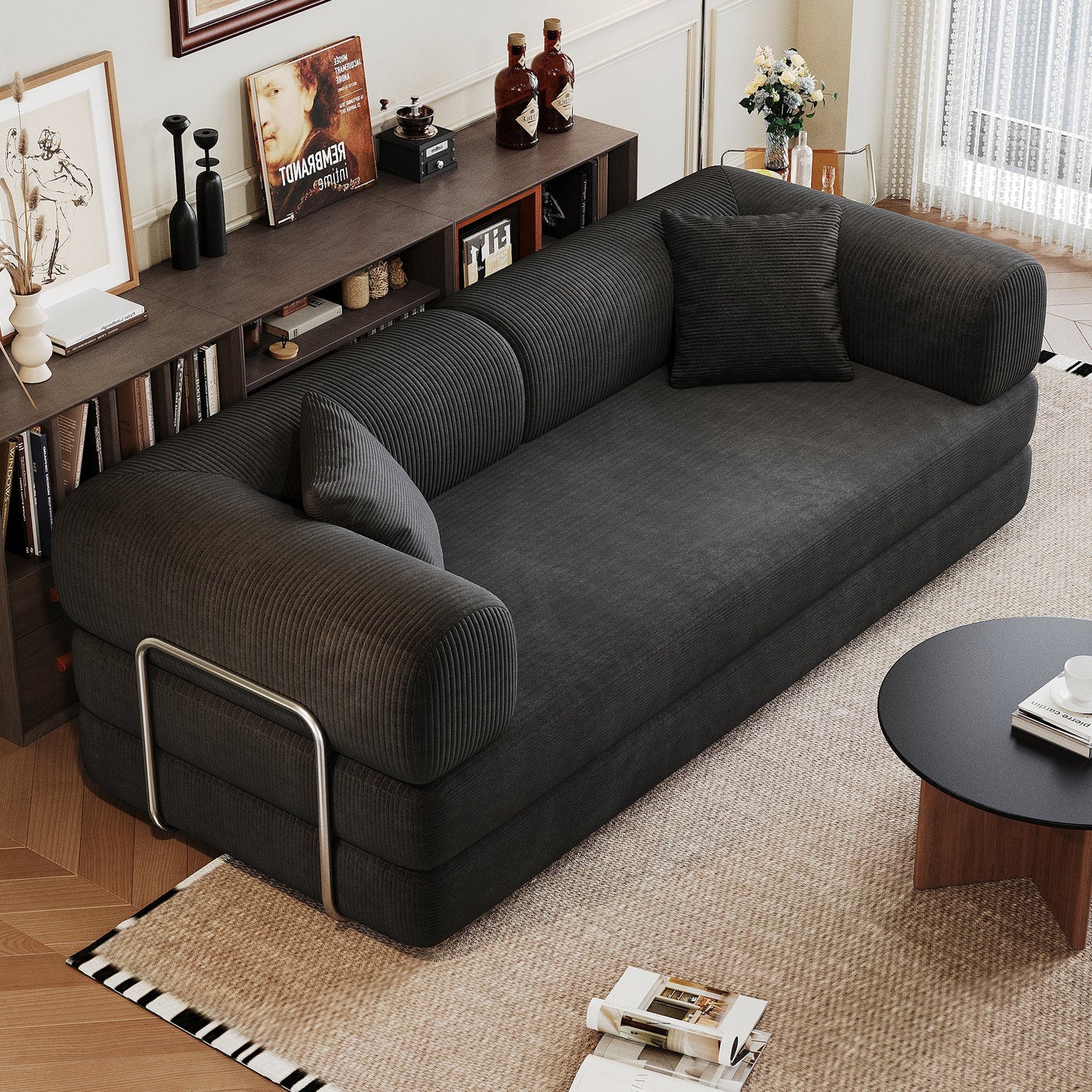 HouseOfZazla black corduroy compression sofa bed with pillow-back and armrests on Tampa Home & Garden Store