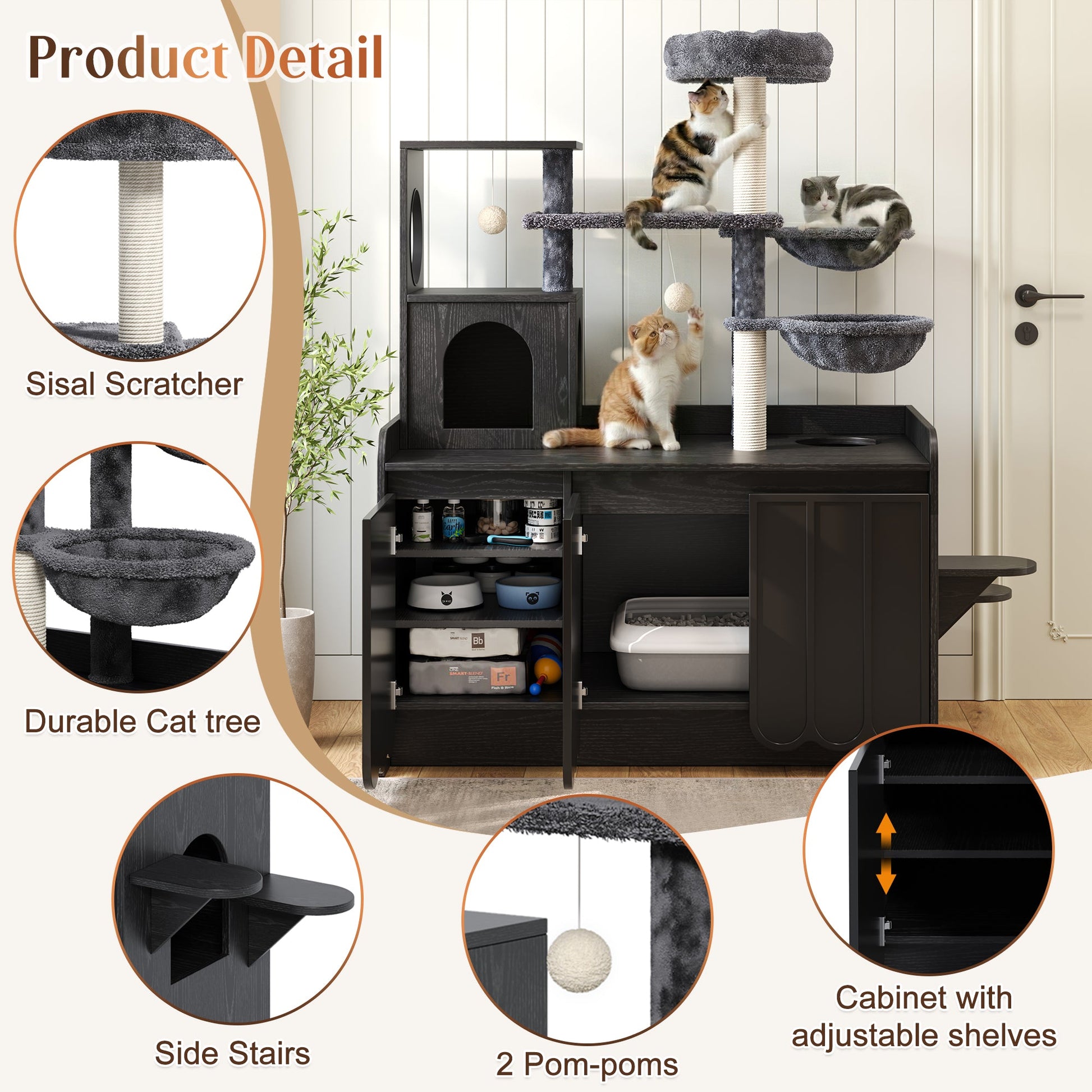 50.6 Cat Tree with Litter Box Enclosure and Sisal Scratching Post, HouseOfZazla, dark, cats on Tampa Home & Garden Store