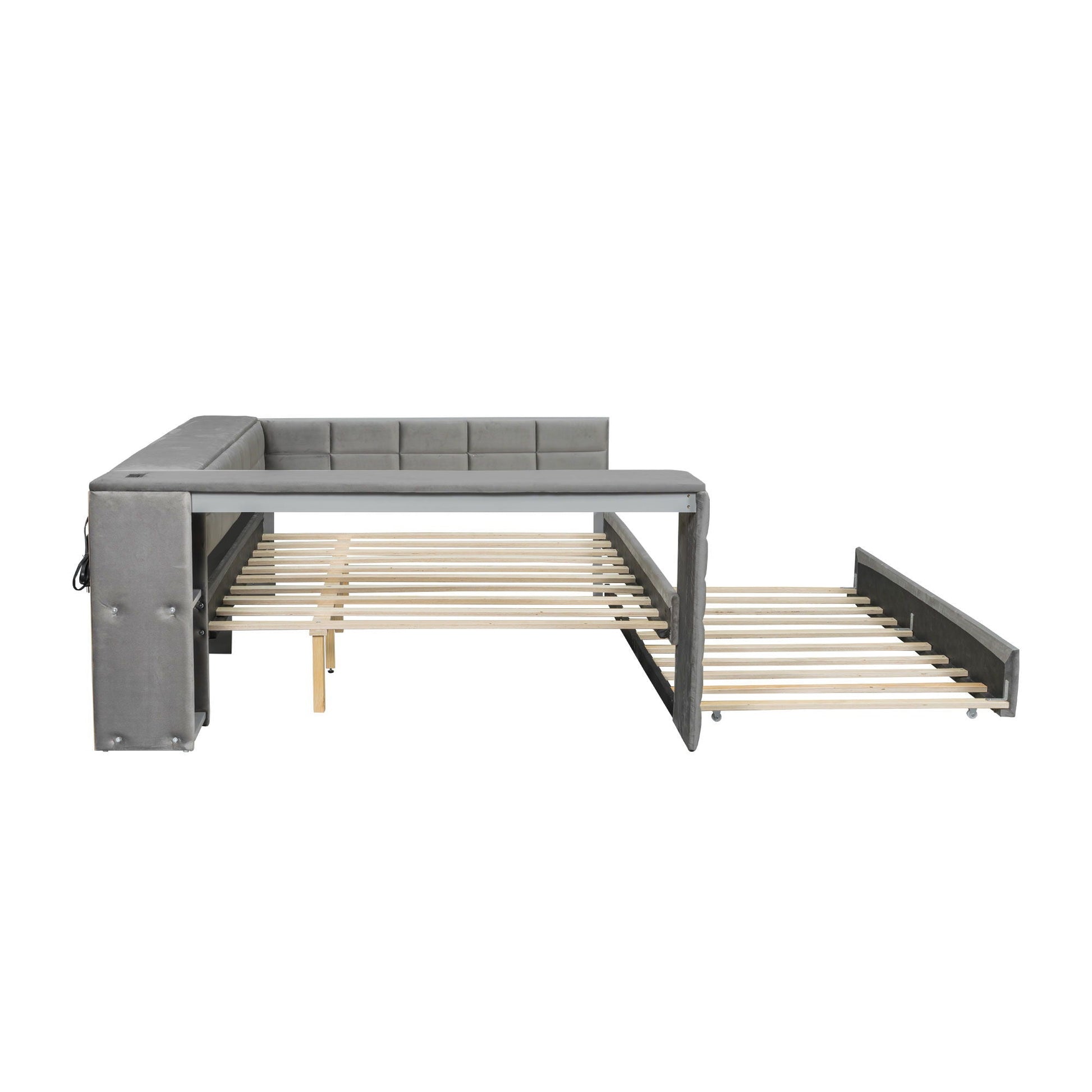 Upholstered gray platform bed with tufted headboard and storage shelves and trundle on Tampa Home & Garden Store