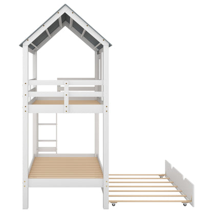 HouseOfZazla twin bunk bed with trundle, white/gray house roof, ladder and slat bed on Tampa Home & Garden Store
