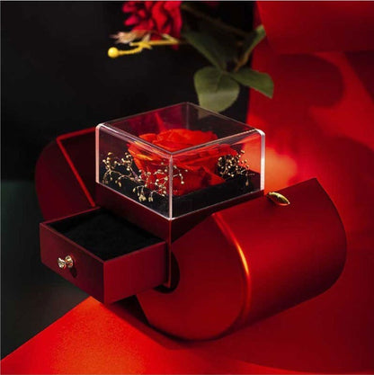 Red apple jewelry box with clear lid, displays red artificial rose and gold accents; drawer on Tampa Home & Garden Store