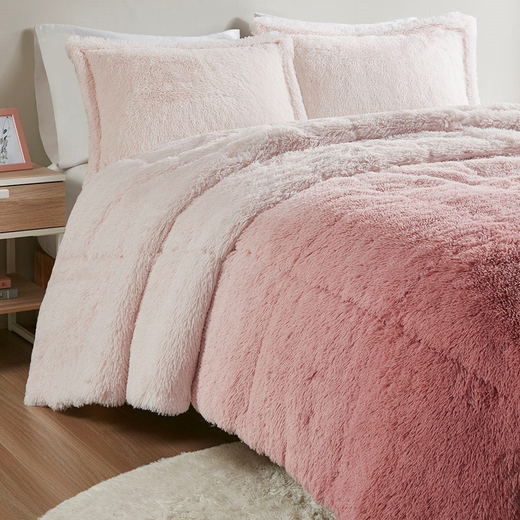 Full/Queen Ombre Shaggy Long Fur Comforter Mini Set in soft pink ombre with plush shaggy fur on Tampa Home & Garden Store