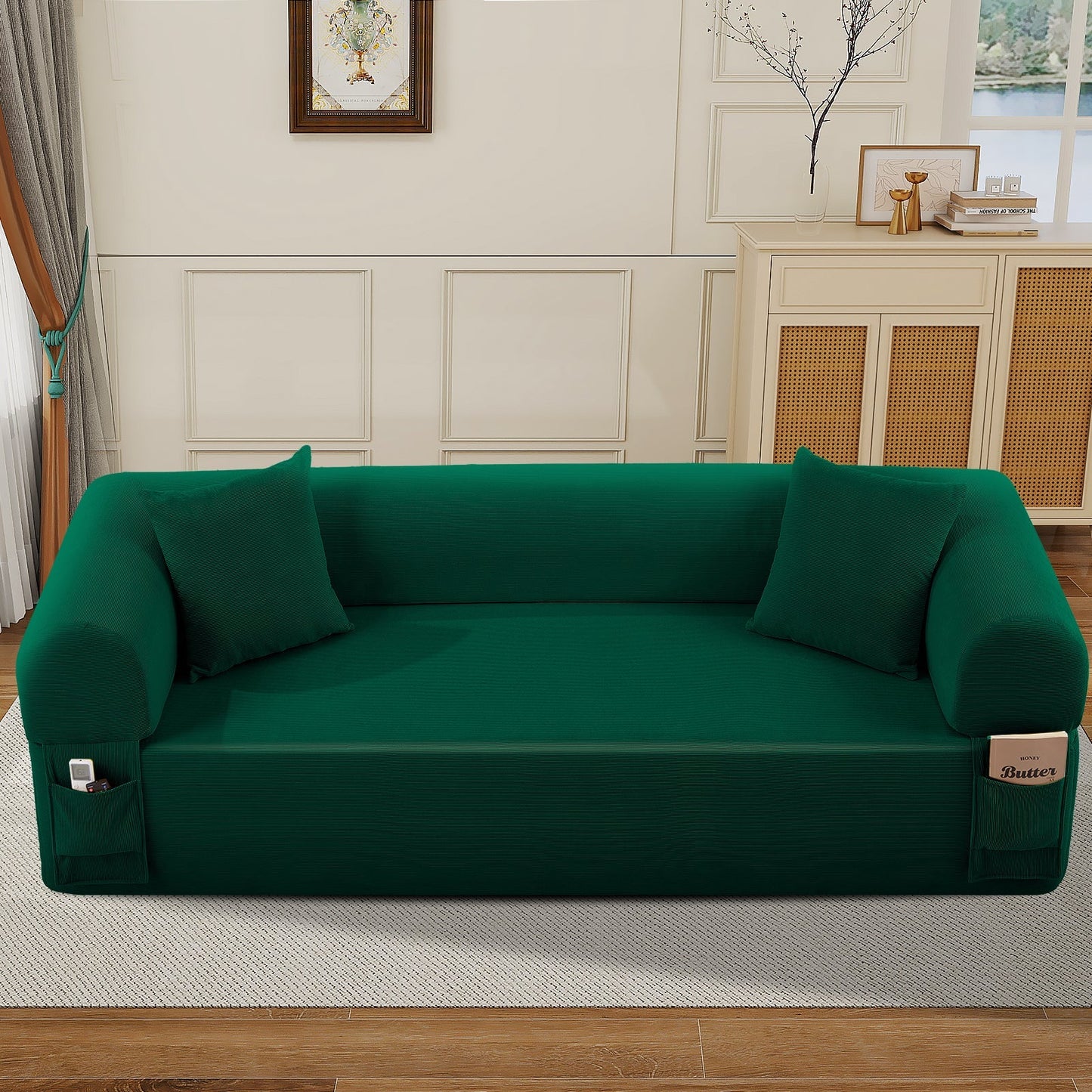 Spring Sofa with high-quality green fabric by HouseOfZazla built-in side pockets on Tampa Home & Garden Store