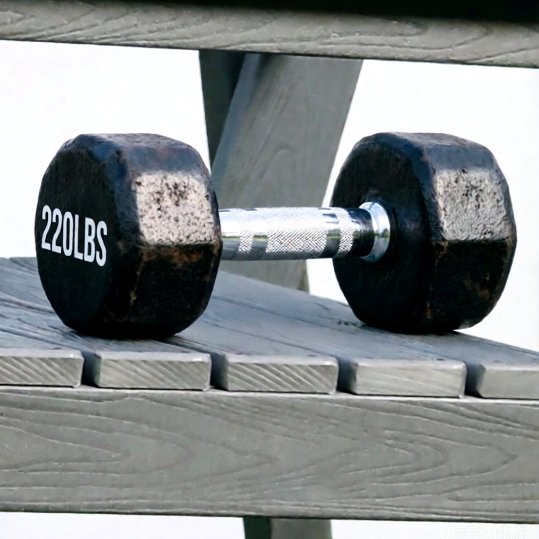 Dumbbell with black weights and chrome handle on a weathered wooden deck outdoors on Tampa Home & Garden Store