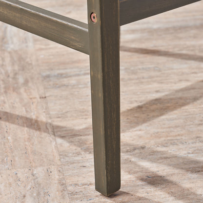 Stamford Barstool leg in distressed brown wood with cross brace and visible screw on Tampa Home & Garden Store