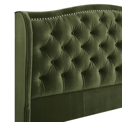 Marcella Upholstered Shelter Headboard Bed Set in emerald velvet with tufted buttons on Tampa Home & Garden Store