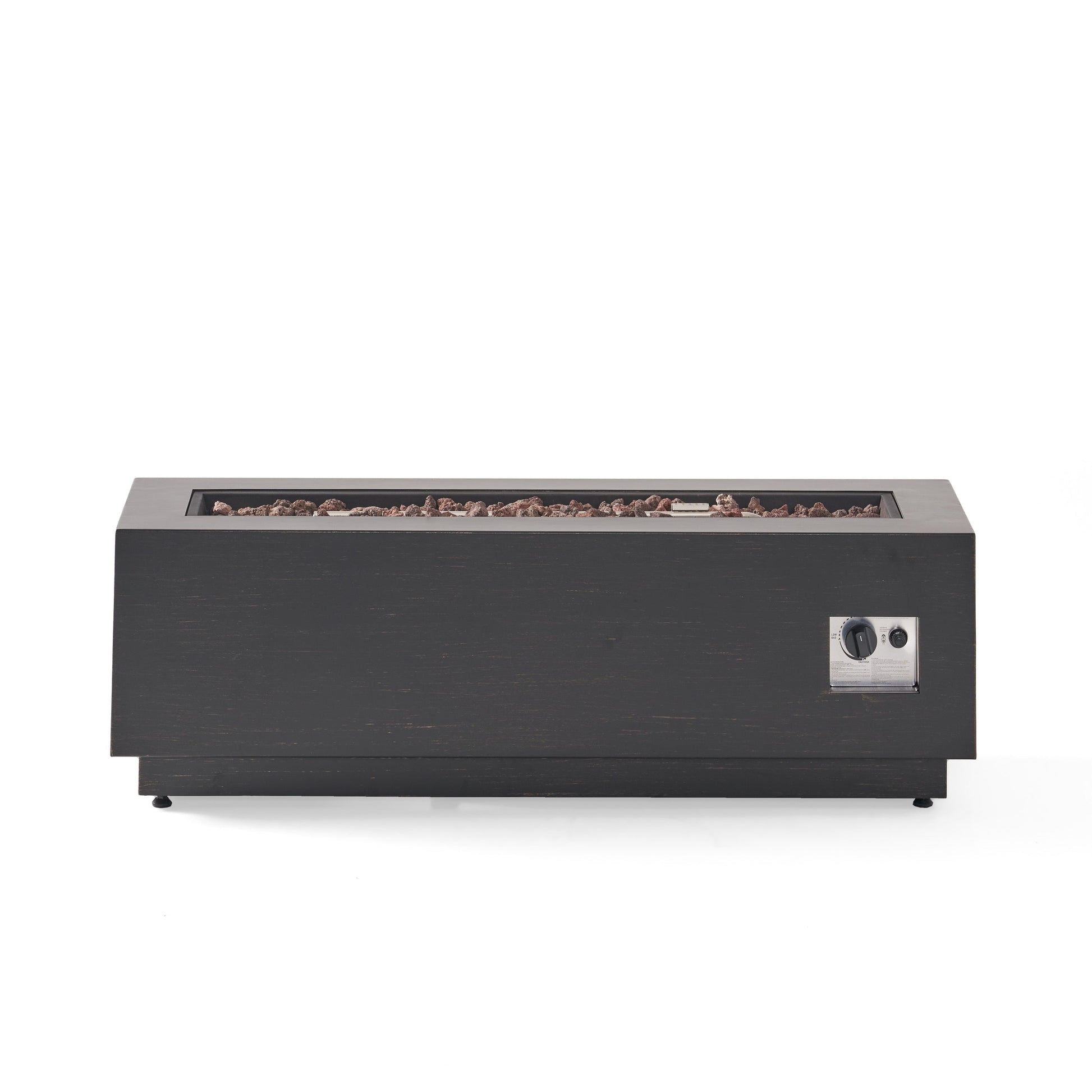 Modern dark gray 40-inch outdoor iron propane fire pit by HouseOfZazla with lava rocks on Tampa Home & Garden Store