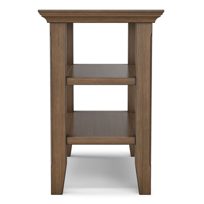 Narrow rustic brown wooden side table with two open shelves and decorative top molding on Tampa Home & Garden Store