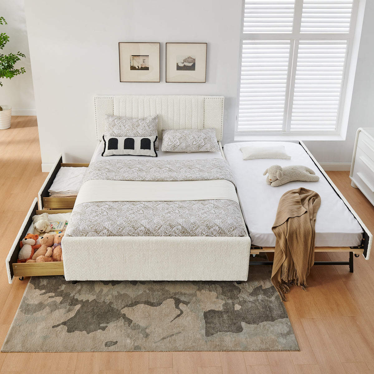 Queen Size vertical channel tufted upholstered bed with storage and trundle in white fabric on Tampa Home & Garden Store