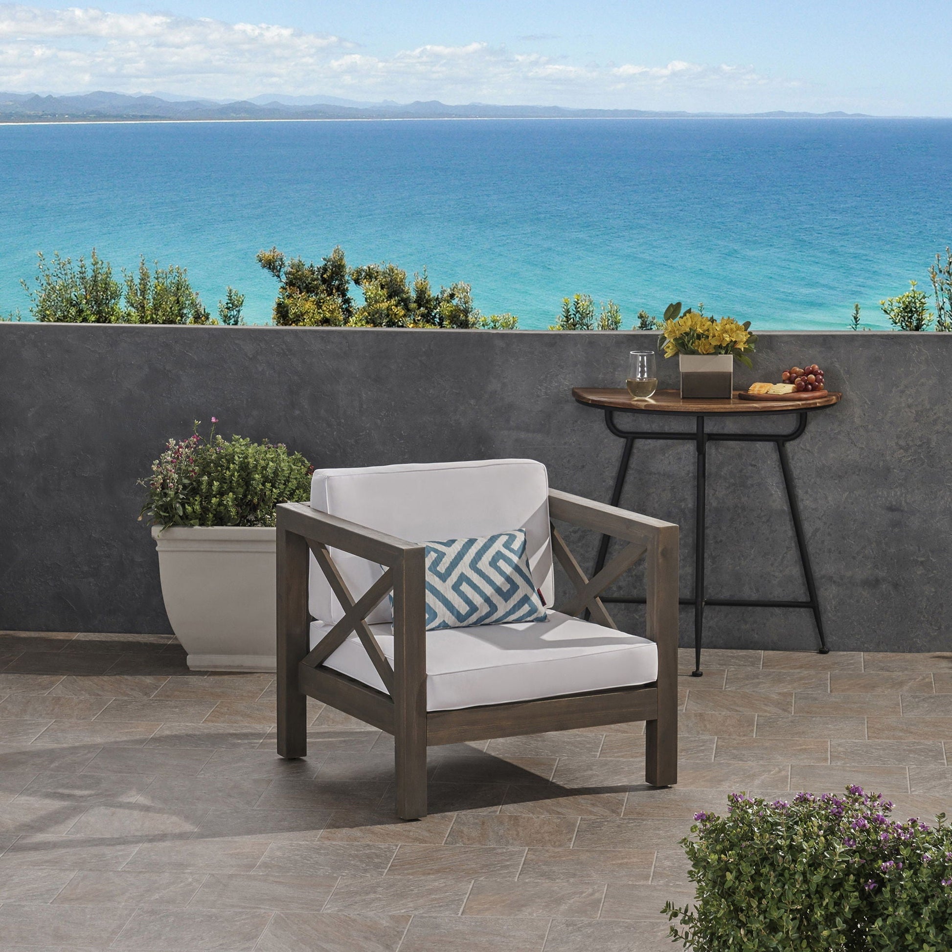 Brava Club Chair outdoor with dark wood frame and white water-resistant cushions HouseOfZazla on Tampa Home & Garden Store