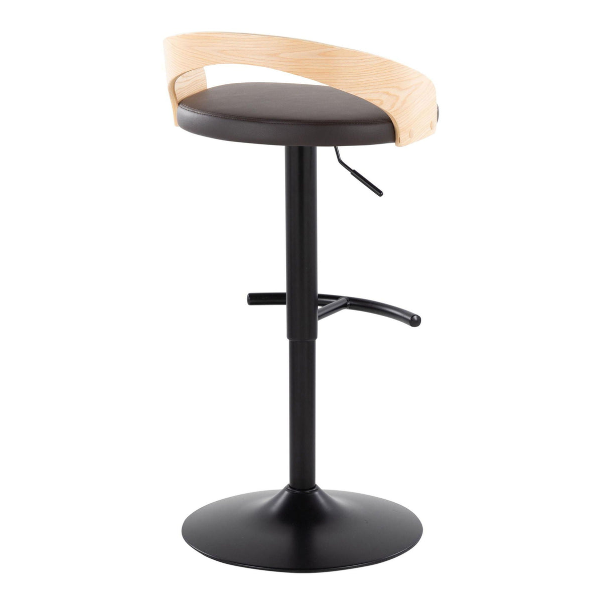 Adjustable swivel barstool with black cushion and curved light wood back on black pedestal base on Tampa Home & Garden Store