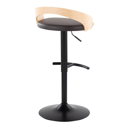 Adjustable swivel barstool with black cushion and curved light wood back on black pedestal base on Tampa Home & Garden Store