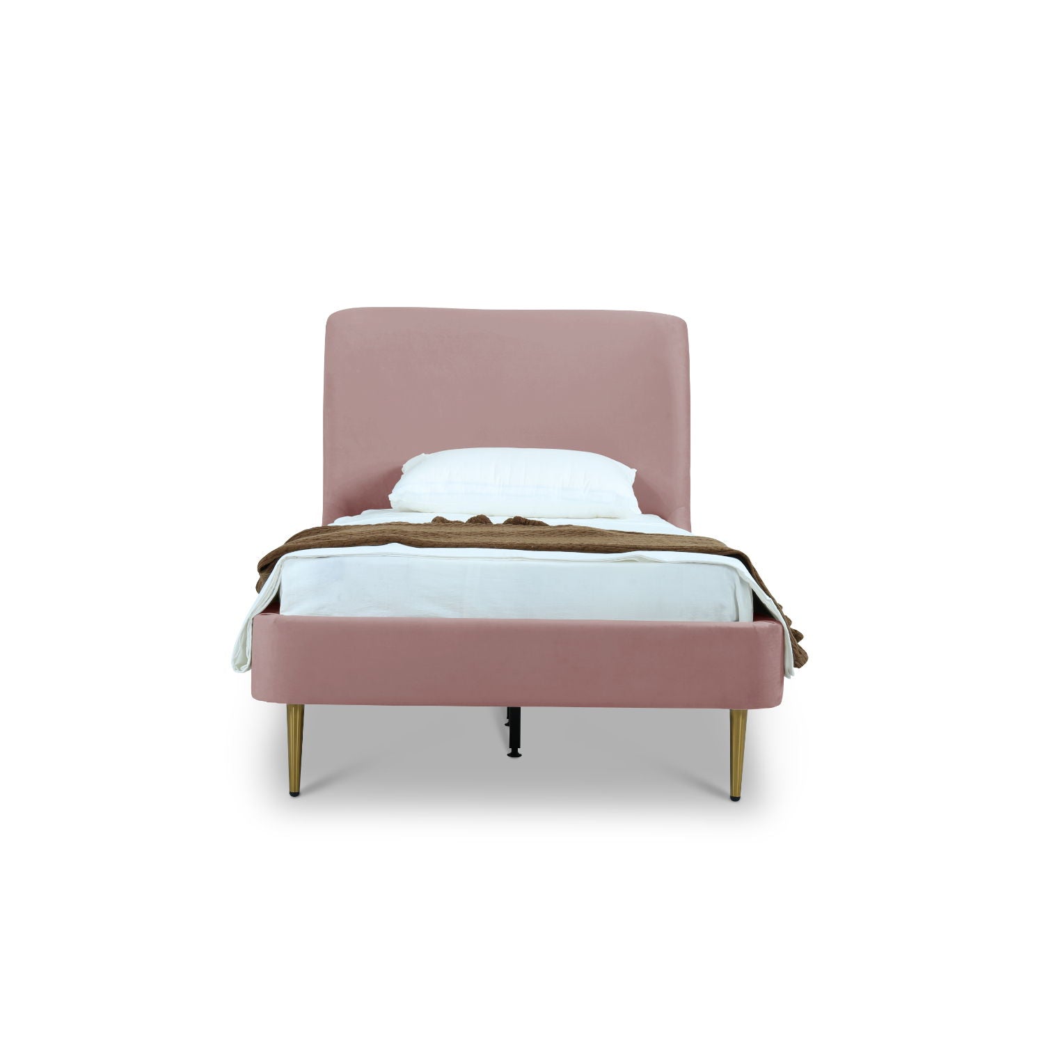 Upholstered bed with curved blush pink headboard and gold legs HouseOfZazla on Tampa Home & Garden Store