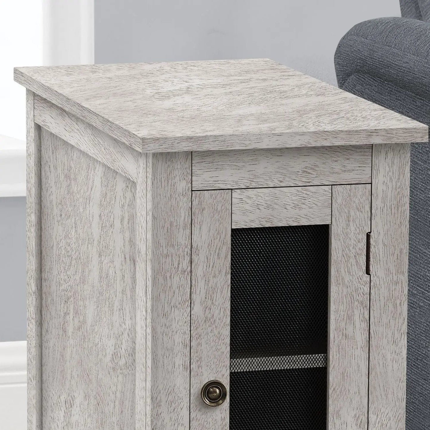 Accent end table in light gray washed oak with a mesh-front cabinet by Unique Piece Furniture on Tampa Home & Garden Store