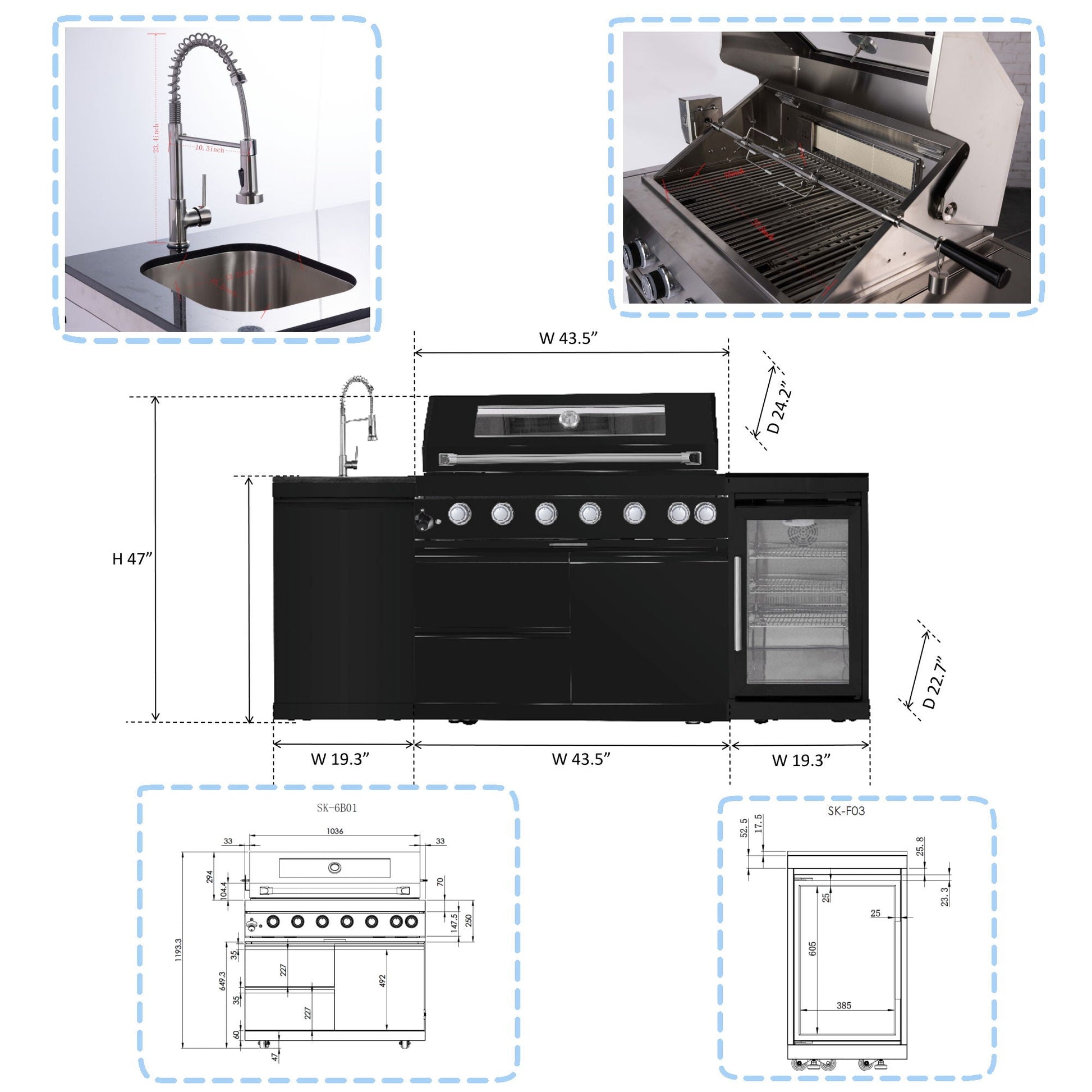 6-burner outdoor kitchen island grill with wine cooler, rotisserie, granite countertops in black on Tampa Home & Garden Store