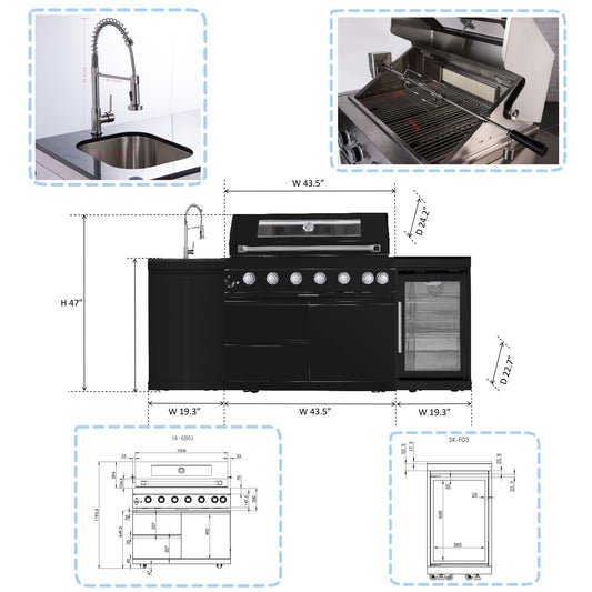 6-burner outdoor kitchen island grill with wine cooler, rotisserie, granite countertops in black on Tampa Home & Garden Store