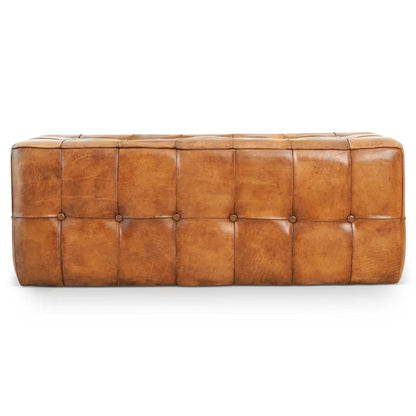 Benjiro upholstered tan bench with tufted leather panels on Tampa Home & Garden Store