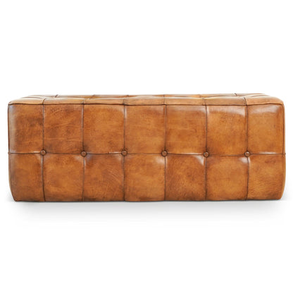 Tan leather upholstered bench with tufted square panels and a solid wood frame on Tampa Home & Garden Store