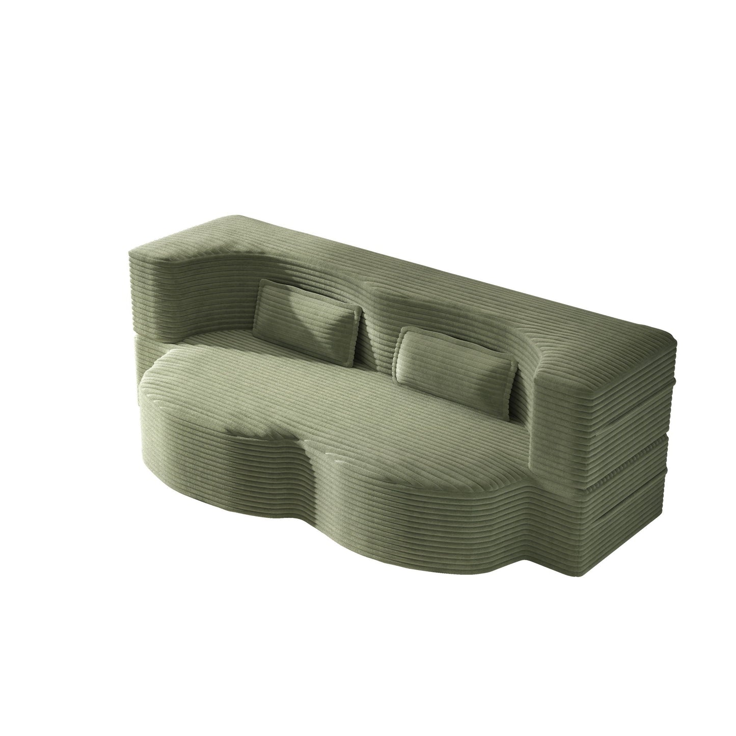 Modern floor futon sofa in sage green with 2 pillows, twin-size convertible mattress on Tampa Home & Garden Store