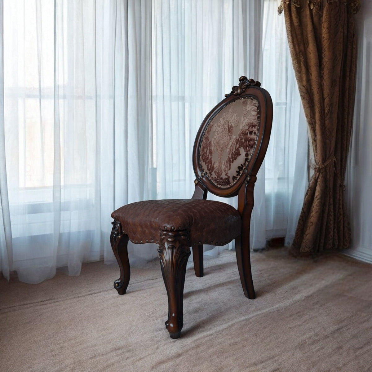 Versailles side chairs set of 2 in cherry wood with carved legs and damask upholstered seats on Tampa Home & Garden Store
