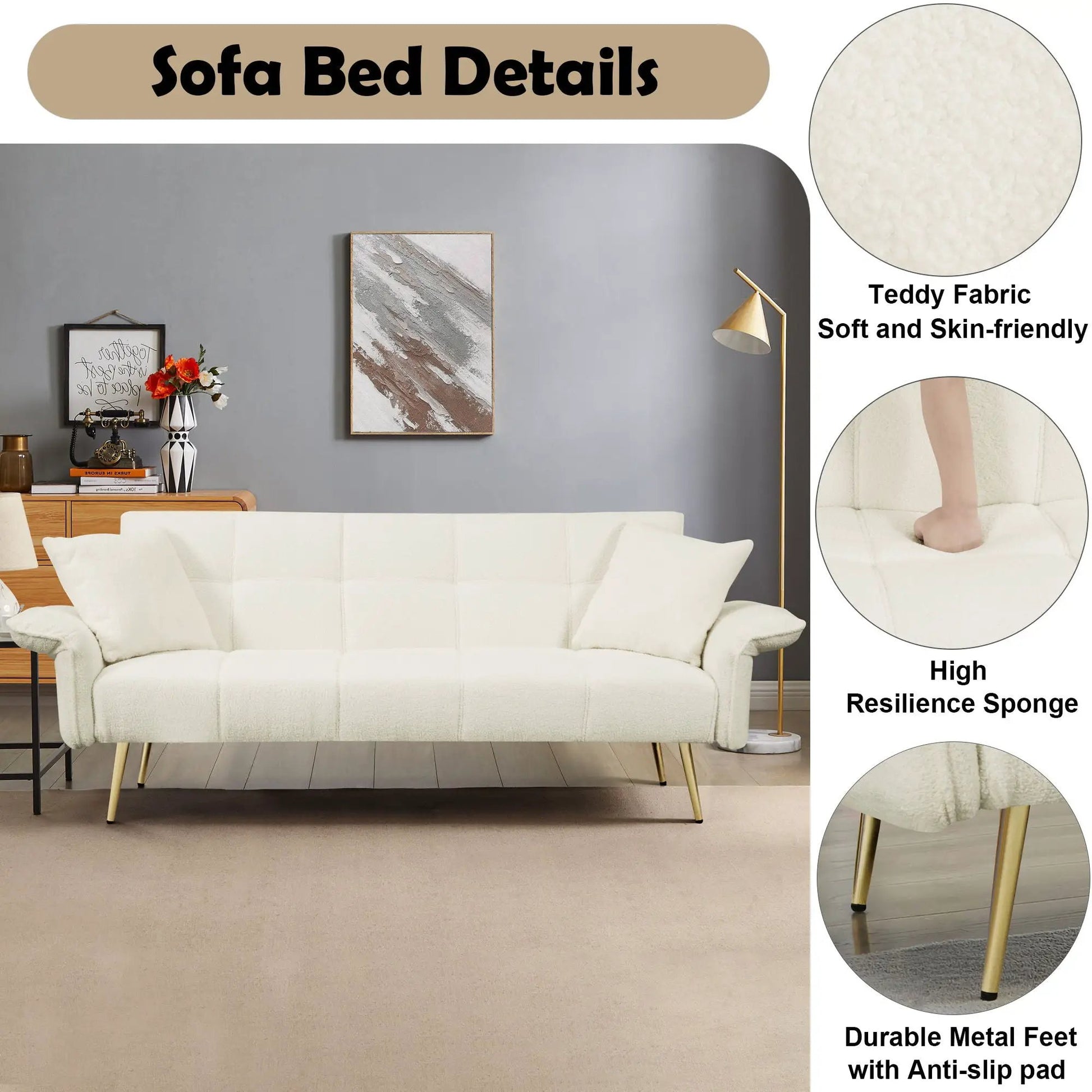 Futon sofa bed in white teddy fabric with gold metal legs by Unique Piece Furniture on Tampa Home & Garden Store