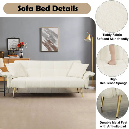 Futon sofa bed in white teddy fabric with gold metal legs by Unique Piece Furniture on Tampa Home & Garden Store