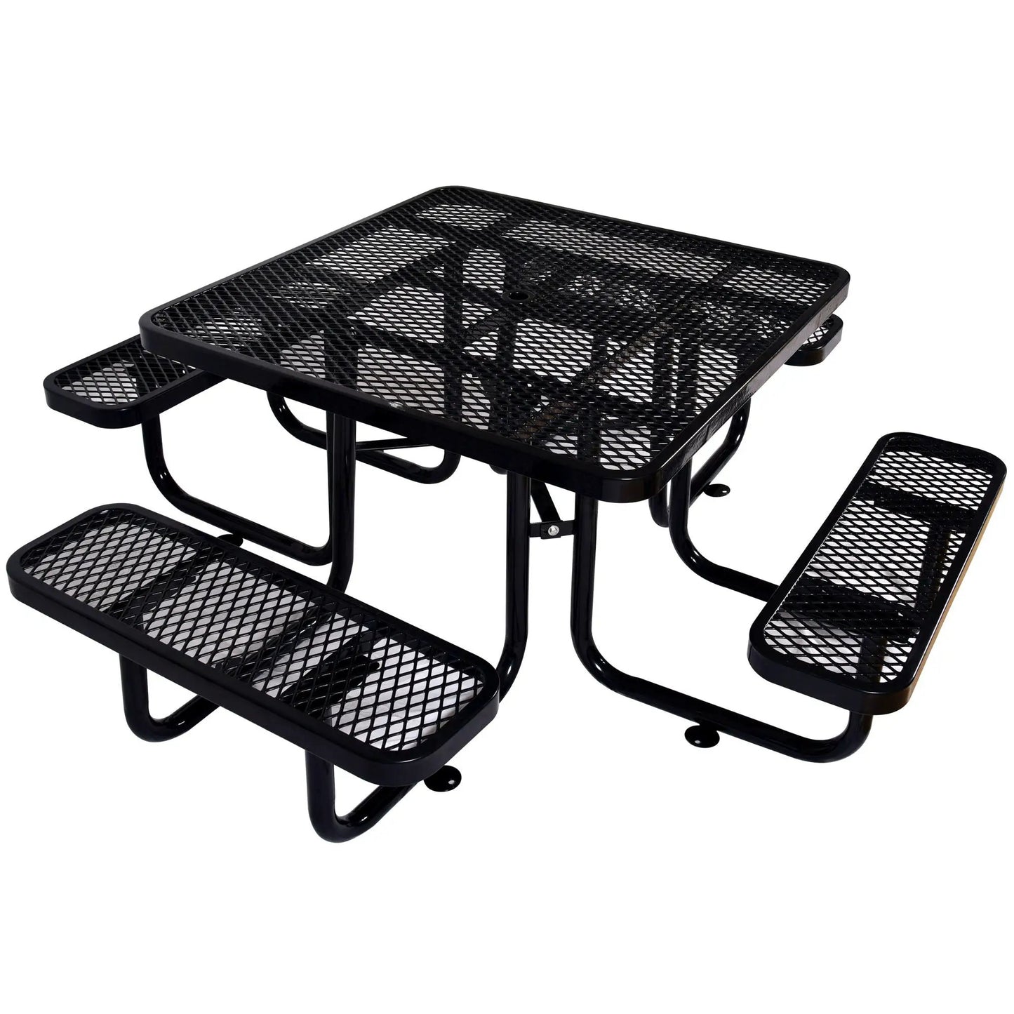 Square outdoor steel picnic table with umbrella pole, black mesh top on Tampa Home & Garden Store