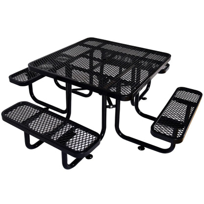 Square outdoor steel picnic table with umbrella pole, black mesh top on Tampa Home & Garden Store